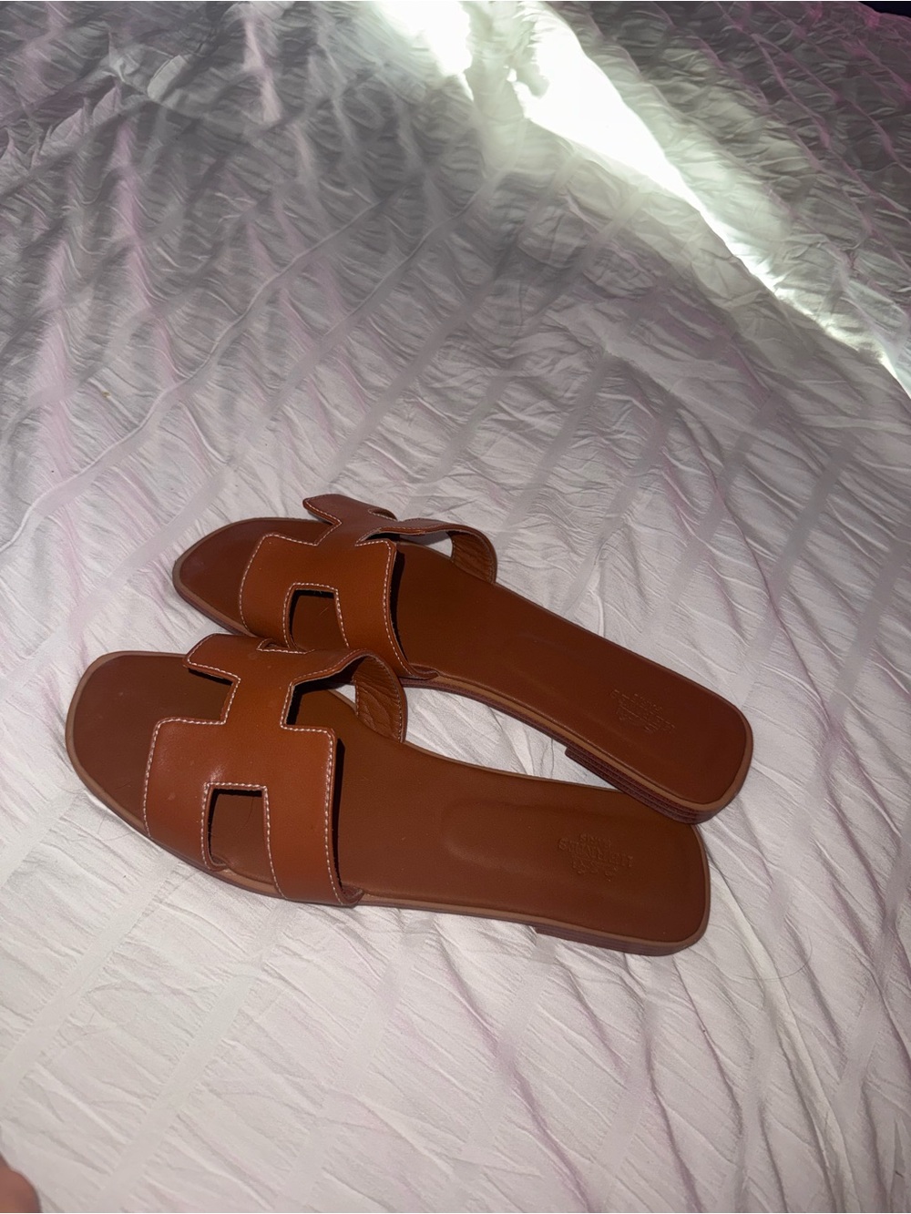 Hermes Brown Oran Leather Slide Sandals